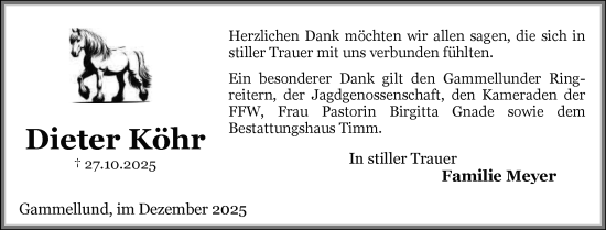 Traueranzeige von Dieter Köhr von Schleswiger Nachrichten, Schlei-Bote