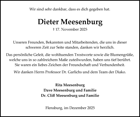 Traueranzeige von Dieter Meesenburg von Flensburger Tageblatt