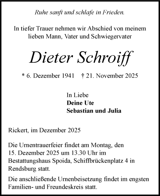 Traueranzeige von Dieter Schroiff von Schleswig-Holsteinische Landeszeitung