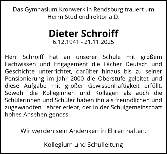 Traueranzeige von Dieter Schroiff von Schleswig-Holsteinische Landeszeitung