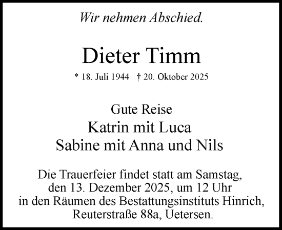 Traueranzeige von Dieter Timm von Uetersener Nachrichten, Der tip am Wochenende