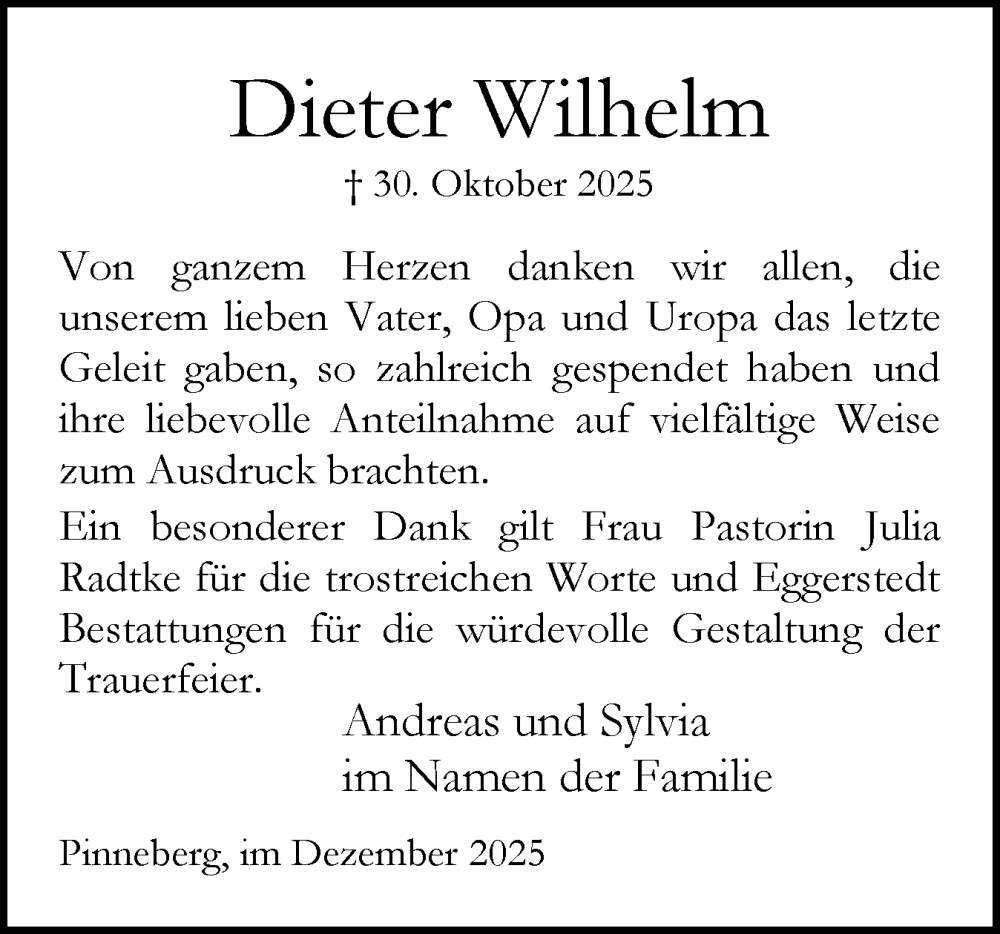  Traueranzeige für Dieter Wilhelm vom 06.12.2025 aus Region Pinneberg und tip Pinneberg