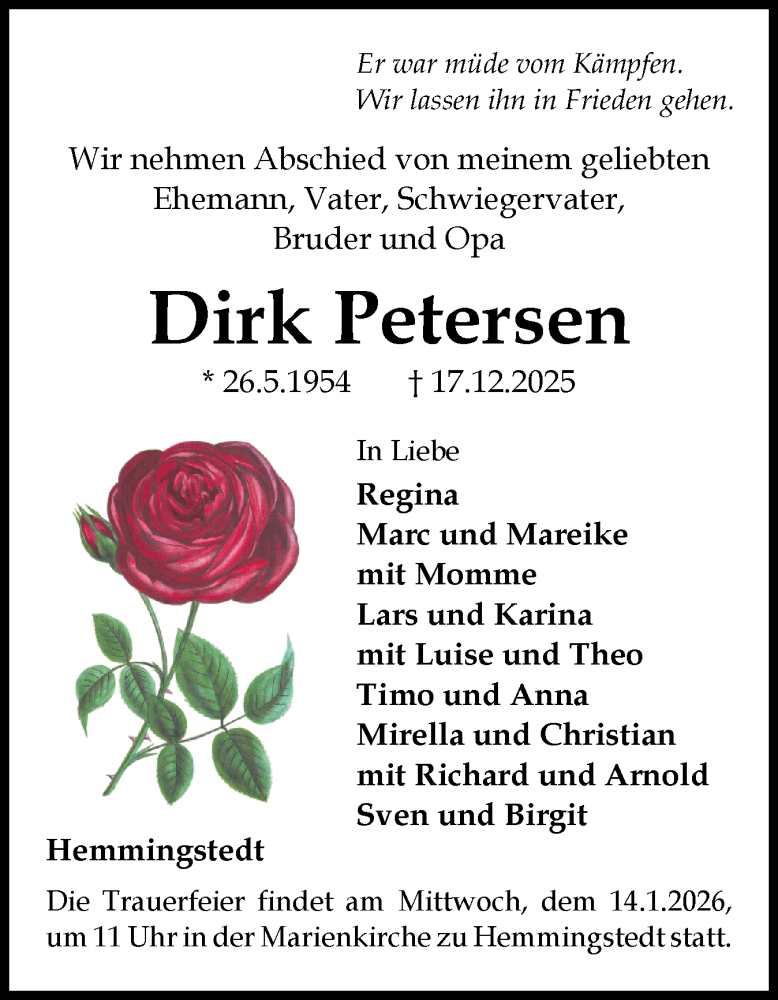  Traueranzeige für Dirk Petersen vom 27.12.2025 aus Flensburger Tageblatt