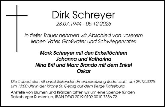 Traueranzeige von Dirk Schreyer von MARKT Ratzeburg/Mölln
