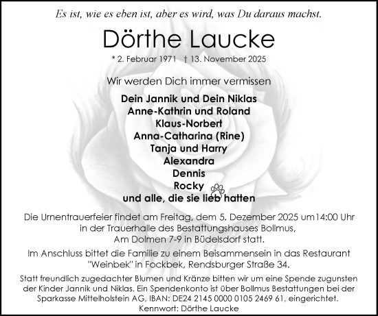 Traueranzeige von Dörthe Laucke von Schleswig-Holsteinische Landeszeitung