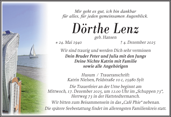 Traueranzeige von Dörthe Lenz von Husumer Nachrichten, Nordfriesland Tageblatt
