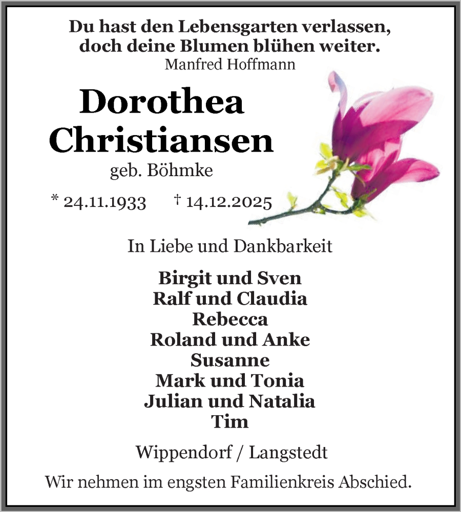  Traueranzeige für Dorothea Christiansen vom 19.12.2025 aus Region Flensburg