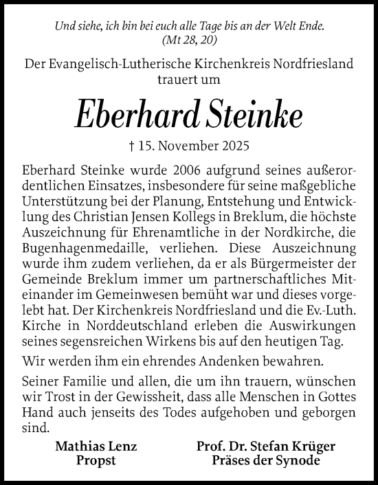 Traueranzeige von Eberhard Steinke von Husumer Nachrichten, Nordfriesland Tageblatt