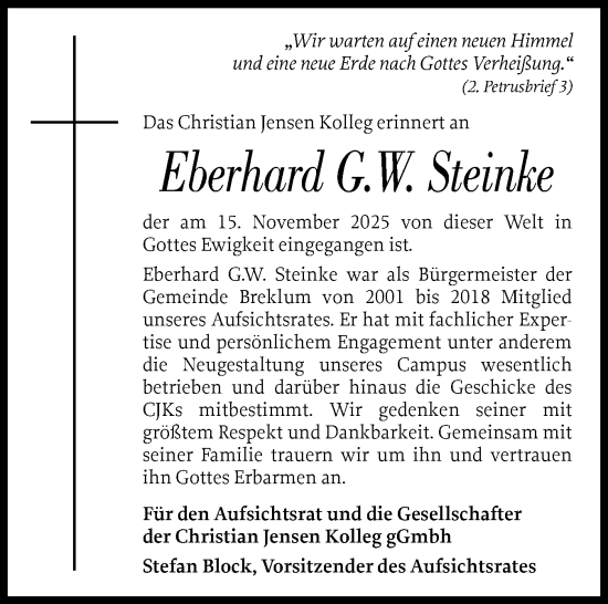 Traueranzeige von Eberhard Steinke von Husumer Nachrichten, Nordfriesland Tageblatt