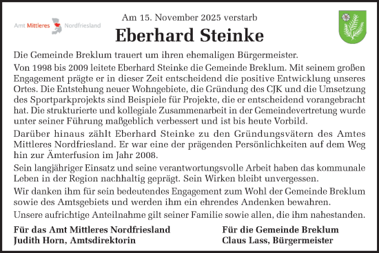 Traueranzeige von Eberhard Steinke von Husumer Nachrichten, Nordfriesland Tageblatt