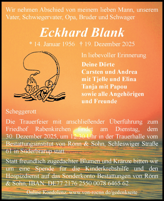 Traueranzeige von Eckhard Blank von Schleswiger Nachrichten, Schlei-Bote