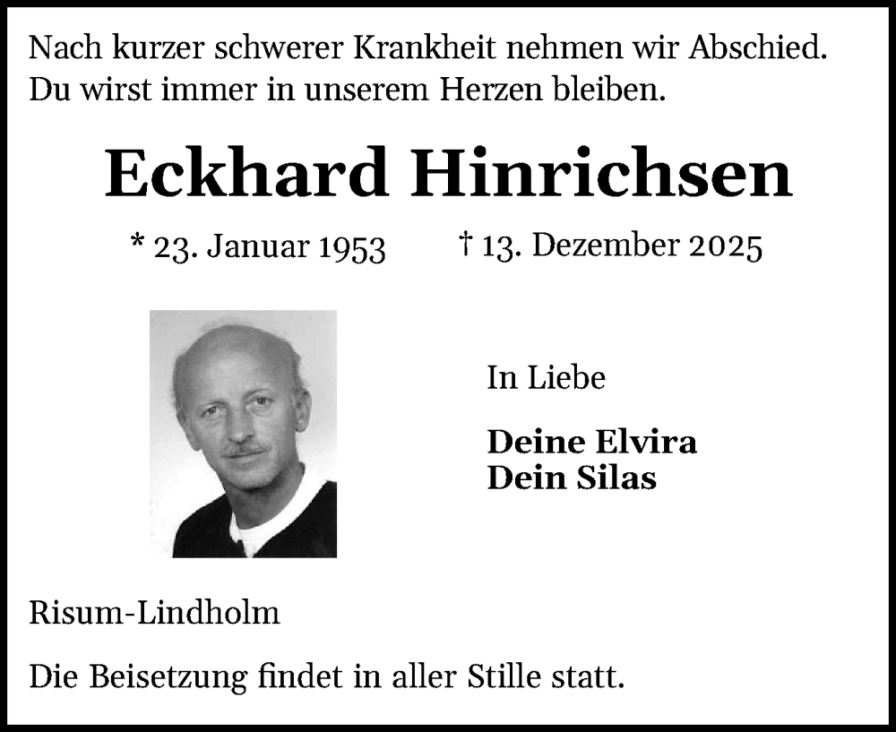  Traueranzeige für Eckhard Hinrichsen vom 23.12.2025 aus Husumer Nachrichten, Nordfriesland Tageblatt
