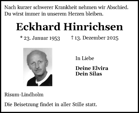 Traueranzeige von Eckhard Hinrichsen von Husumer Nachrichten, Nordfriesland Tageblatt