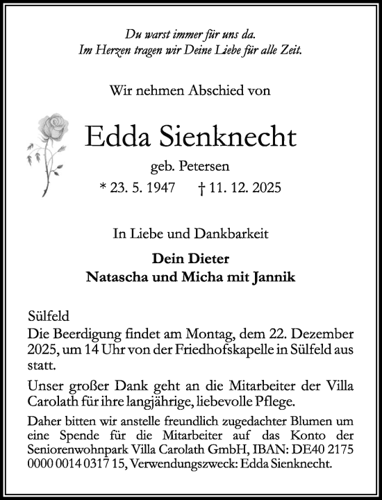 Traueranzeige von Edda Sienknecht von MARKT Bad Oldesloe/Reinfeld, MARKT Ahrensburg/Bargteheide/Trittau und Stormarner Tageblatt