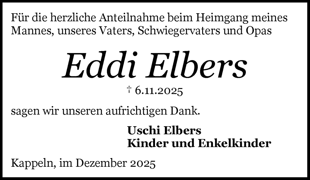  Traueranzeige für Eddi Elbers vom 16.12.2025 aus Schleswiger Nachrichten, Schlei-Bote