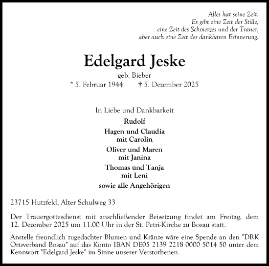 Traueranzeige von Edelgard Jeske von Ostholsteiner Anzeiger