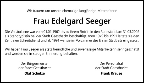 Traueranzeige von Edelgard Seeger von Wochenend Anzeiger