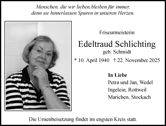 Traueranzeige von Edeltraud Schlichting von Wedel-Schulauer Tageblatt, tip Wedel-Schulauer Tageblatt, tip Rissener Rundschau