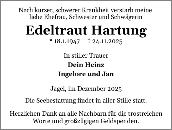 Traueranzeige von Edeltraut Hartung von Schleswiger Nachrichten, Schlei-Bote