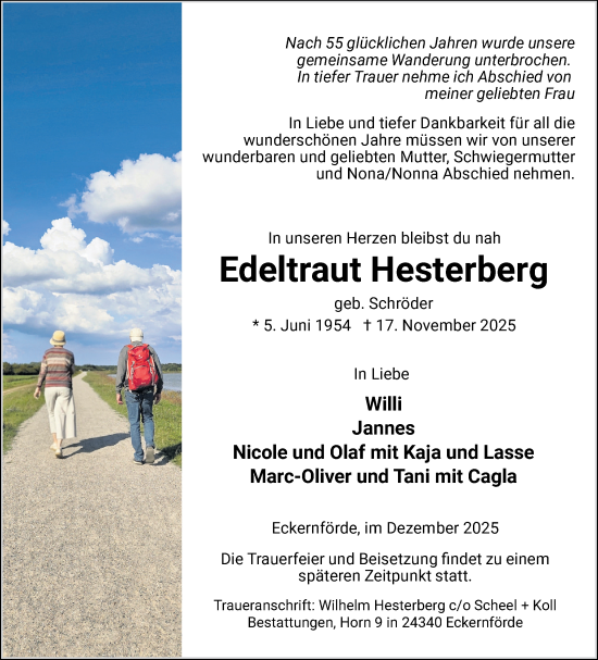 Traueranzeige von Edeltraut Hesterberg von Eckernförder Zeitung, Hallo Eckernförde