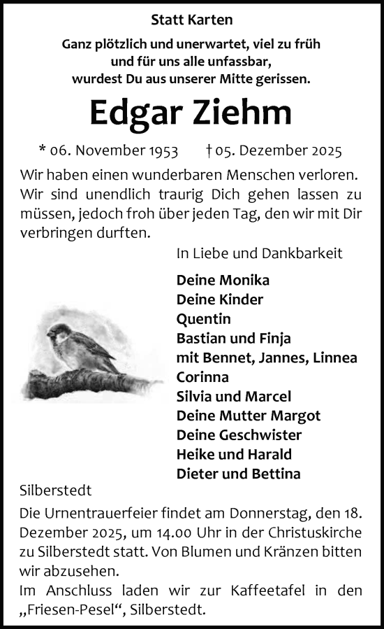 Traueranzeige von Edgar Ziehm von Schleswiger Nachrichten, Schlei-Bote