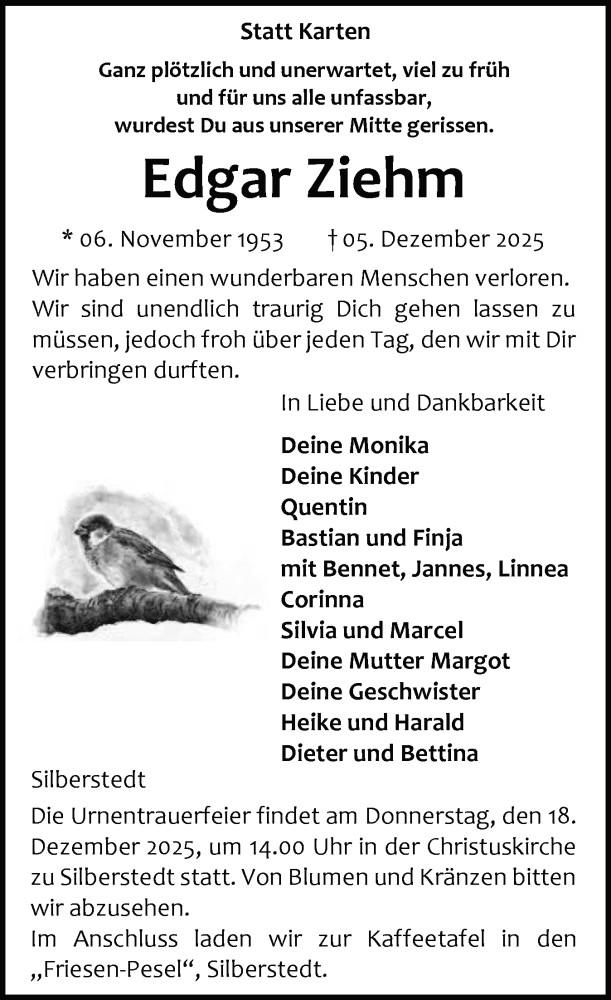  Traueranzeige für Edgar Ziehm vom 13.12.2025 aus Schleswiger Nachrichten, Schlei-Bote