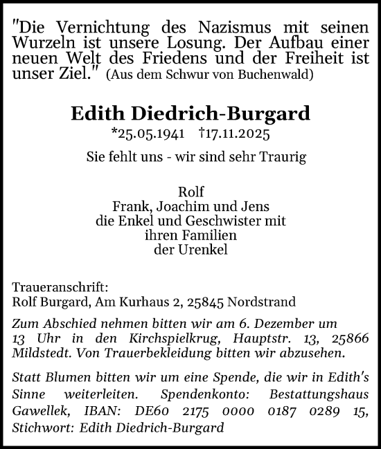 Traueranzeige von Edith Diedrich-Burgard von Husumer Nachrichten, Nordfriesland Tageblatt