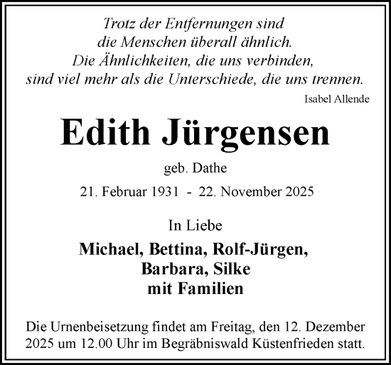 Traueranzeige von Edith Jürgensen von Eckernförder Zeitung, Hallo Eckernförde