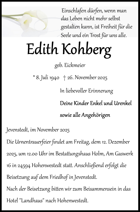 Traueranzeige von Edith Kohberg von Schleswig-Holsteinische Landeszeitung
