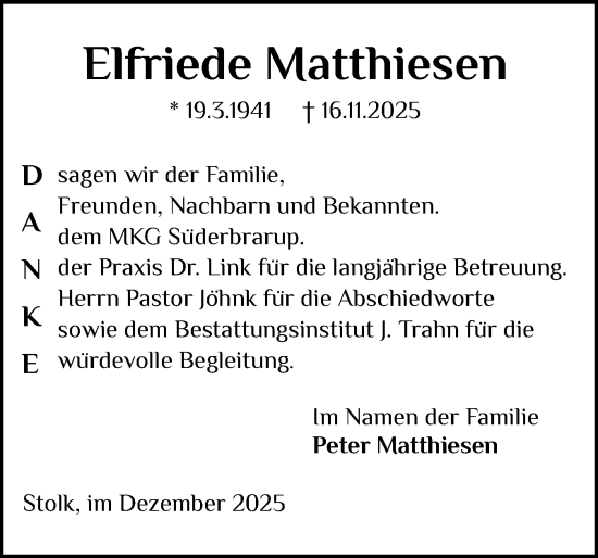 Traueranzeige von Elfriede Matthiesen von Schleswiger Nachrichten, Schlei-Bote