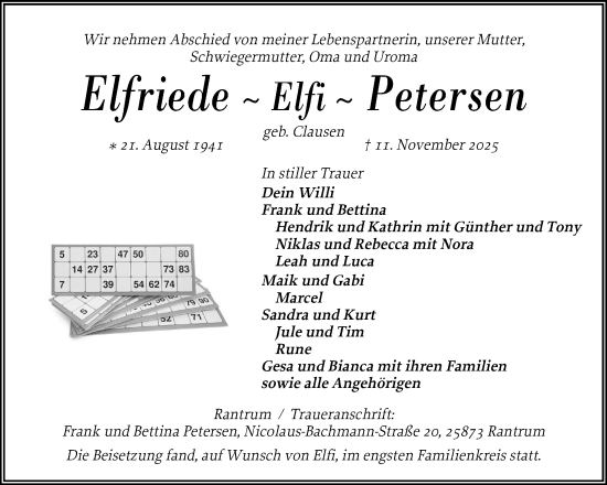 Traueranzeige von Elfriede Petersen von Husumer Nachrichten, Nordfriesland Tageblatt
