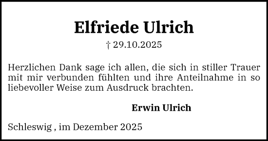 Traueranzeige von Elfriede Ulrich von Schleswiger Nachrichten, Schlei-Bote
