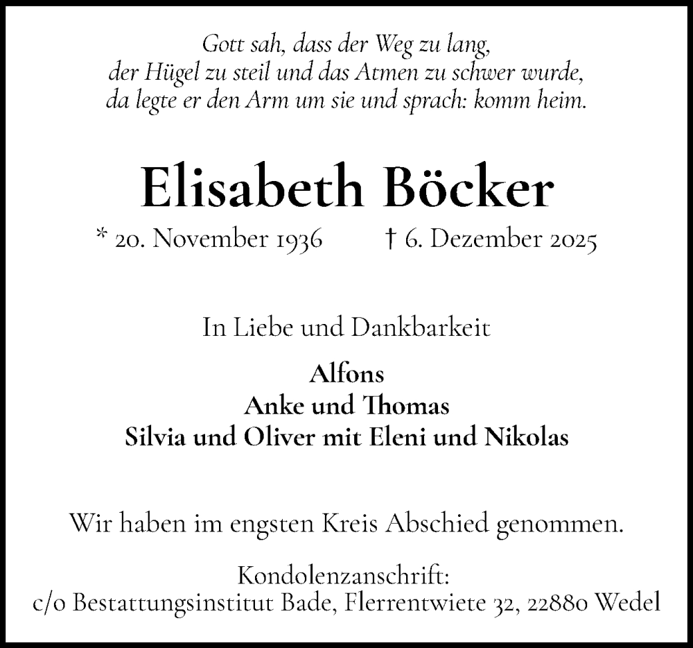  Traueranzeige für Elisabeth Böcker vom 27.12.2025 aus Wedel-Schulauer Tageblatt, tip Wedel-Schulauer Tageblatt, tip Rissener Rundschau