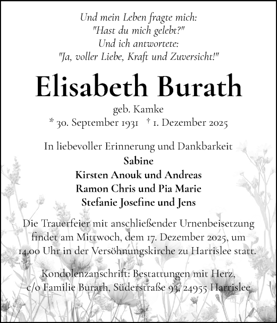 Traueranzeige von Elisabeth Burath von Flensburger Tageblatt