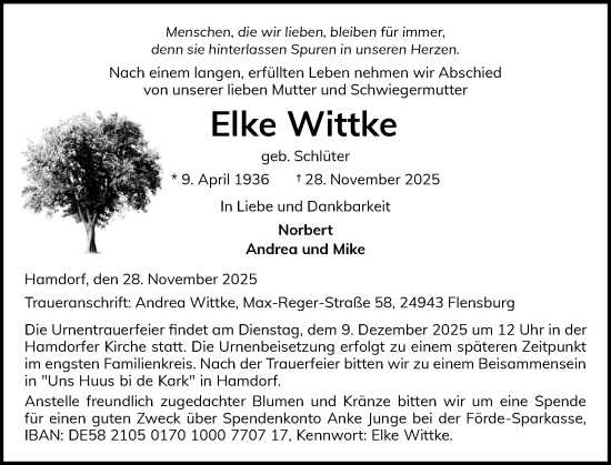 Traueranzeige von Elke Wittke von Schleswig-Holsteinische Landeszeitung