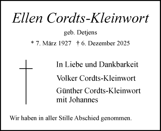 Traueranzeige von Ellen Cordts-Kleinwort von Elmshorner Nachrichten, Barmstedter Zeitung