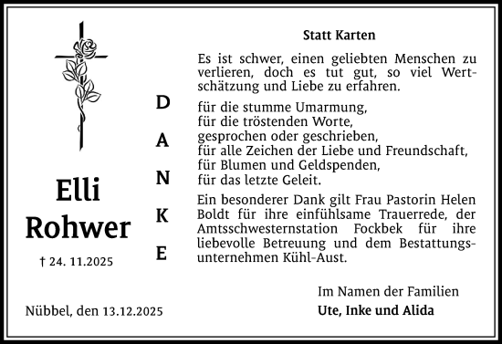 Traueranzeige von Elli Rohwer von Schleswig-Holsteinische Landeszeitung