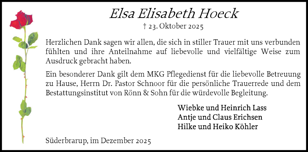  Traueranzeige für Elsa Elisabeth Hoeck vom 13.12.2025 aus Flensburger Tageblatt, Schleswiger Nachrichten, Schlei-Bote