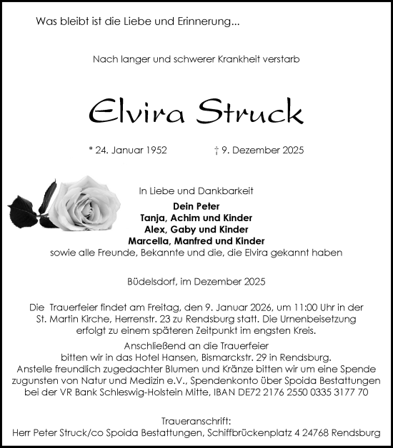 Traueranzeige von Elvira Struck von Schleswig-Holsteinische Landeszeitung