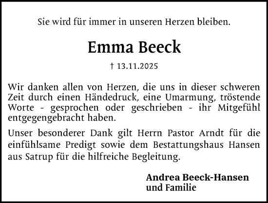 Traueranzeige von Emma Beeck von Schleswiger Nachrichten, Schlei-Bote