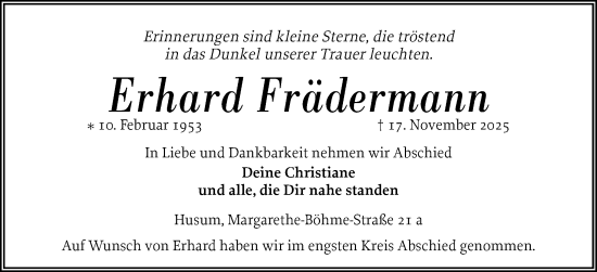 Traueranzeige von Erhard Frädermann von Husumer Nachrichten, Nordfriesland Tageblatt