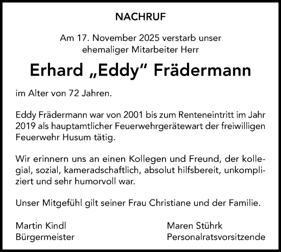Traueranzeige von Erhard Frädermann von Die WochenSchau Nordfriesland