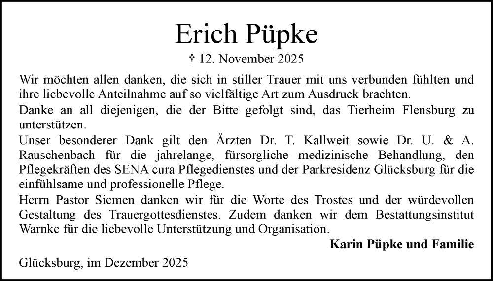  Traueranzeige für Erich Püpke vom 13.12.2025 aus Flensburger Tageblatt