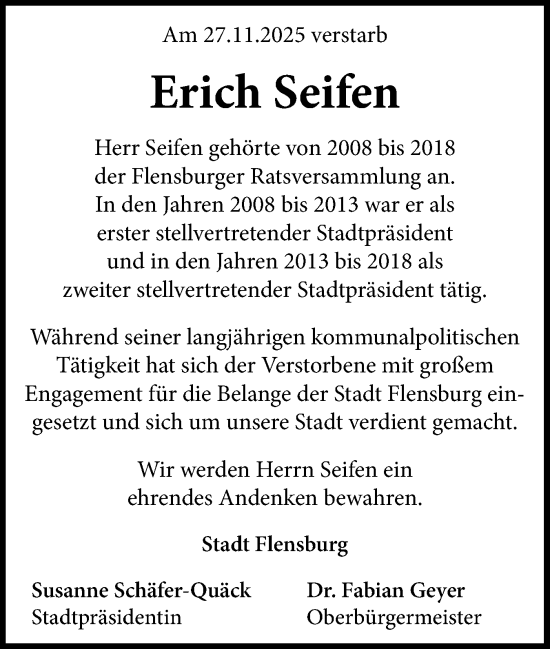 Traueranzeige von Erich Seifen von Flensburger Tageblatt