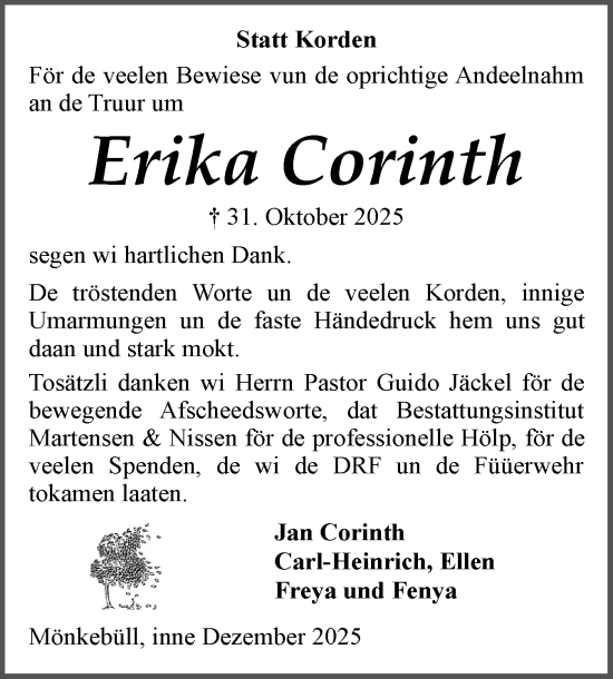 Traueranzeige von Erika Corinth von Husumer Nachrichten, Nordfriesland Tageblatt