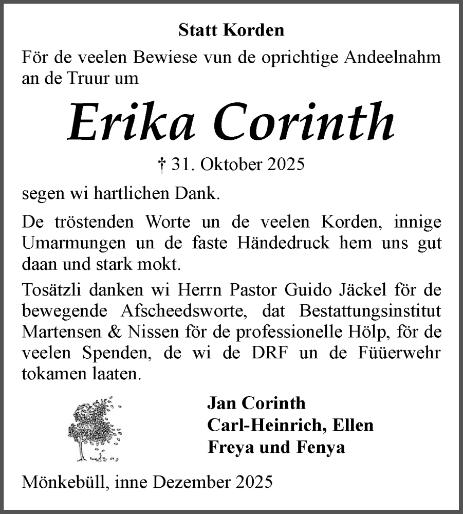  Traueranzeige für Erika Corinth vom 13.12.2025 aus Husumer Nachrichten, Nordfriesland Tageblatt