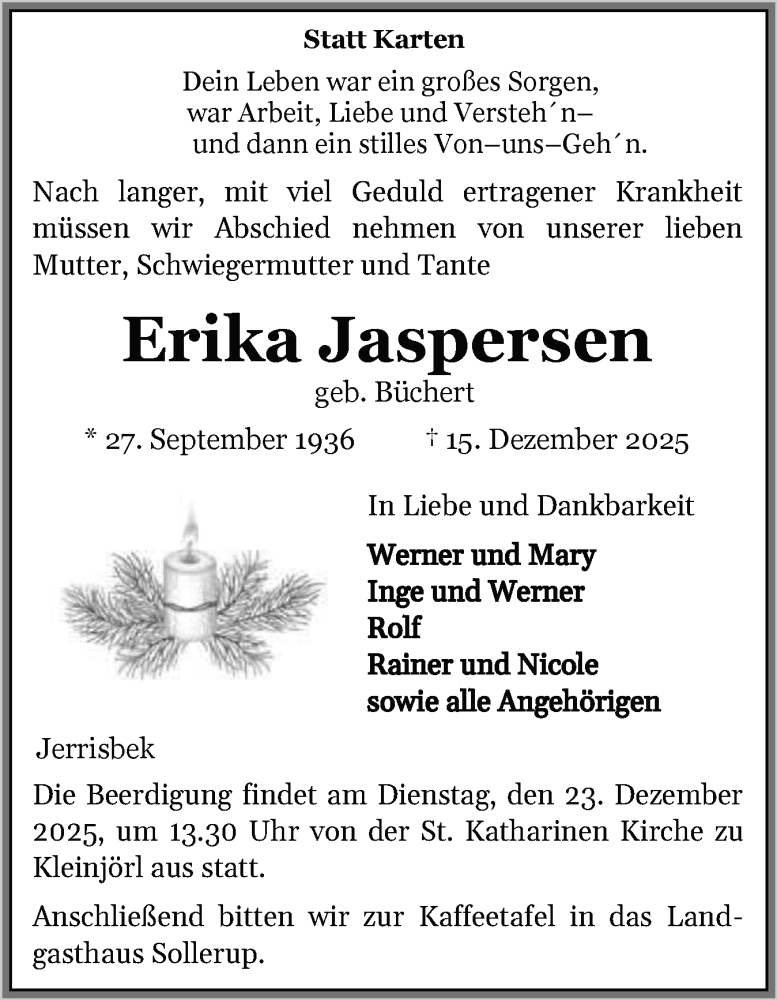  Traueranzeige für Erika Jaspersen vom 20.12.2025 aus Flensburger Tageblatt, Schleswiger Nachrichten, Schlei-Bote