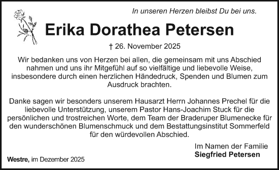 Traueranzeige von Erika Dorathea Petersen von Husumer Nachrichten, Nordfriesland Tageblatt
