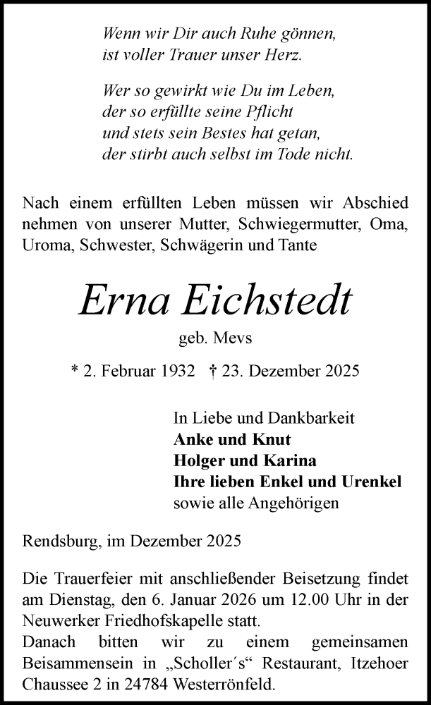  Traueranzeige für Erna Eichstedt vom 31.12.2025 aus Schleswig-Holsteinische Landeszeitung