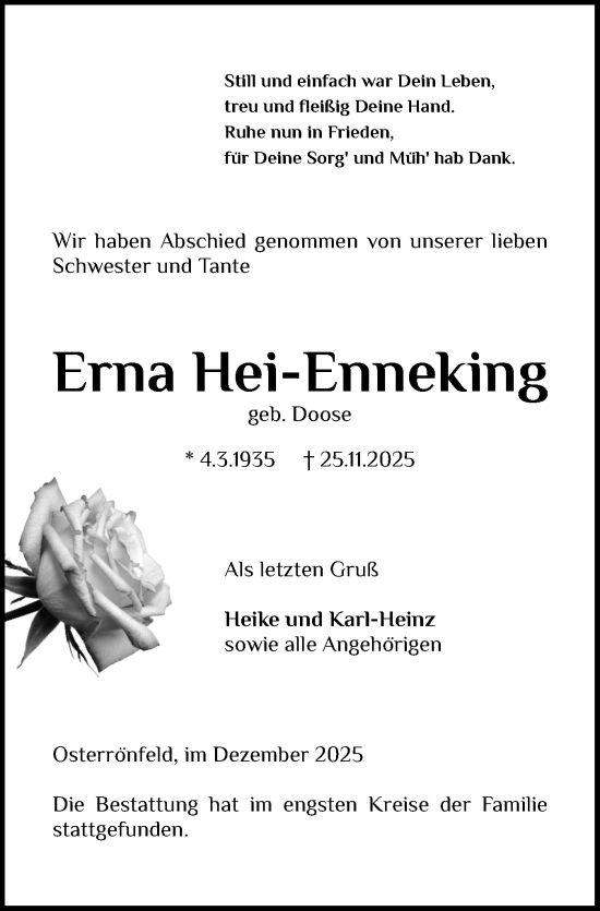 Traueranzeige von Erna Hei-Enneking von Schleswig-Holsteinische Landeszeitung